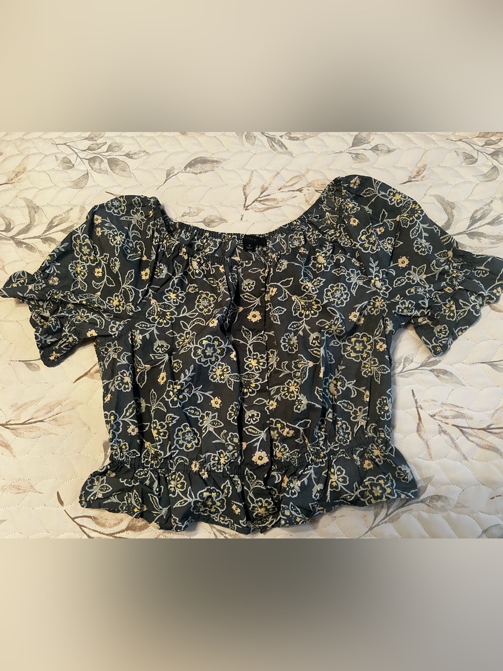 J. Crew green Floral Crop Top with Yellow Accents